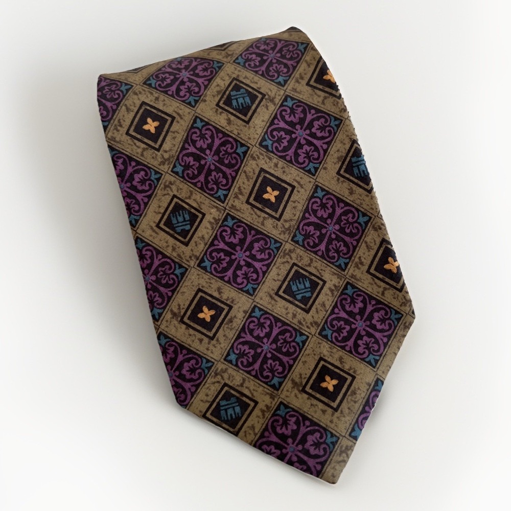 Liberty Of London Silk Tie Medallion‎ Print USA Vintage Career Formal Green